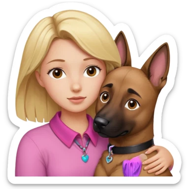 Blonde girl with brown eyes snuggling a Malinois with a pink collar  sticker
