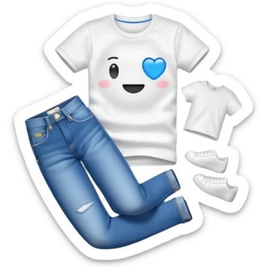 A 3D cartoon casual T-shirt and jeans outfit arranged on flat surface, bright lighting, Memoji-style realism. sticker