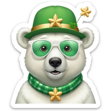head and shoulders of a friendly anthropomorphised polar bear wearing oversized colorful star glasses, green hat, shamrock accessories, festive shirt sticker