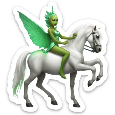 a green amazon alien woman on a white unicorn sticker