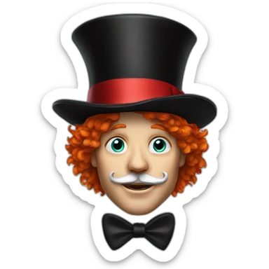 Mad hatter with red hair wearing a black hat with a red ribbon and a red mustache sticker