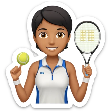 Chindian tennis coach, caramel brown, short straight hair, oval face, small eyes, big smile, wearing tennis outfit sticker