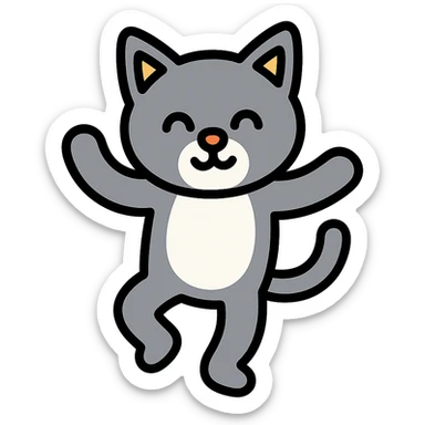 A grey cat with a white breast is dancing sticker