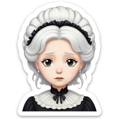 A Victorian woman with coiffed white hair wearing a modest black mourning dress sobbing with tears streaming down her face sticker