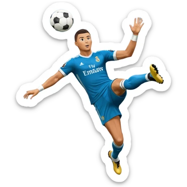 Ronaldo doing a bicycle kick with football in mid air While wearing a Retro blue Real madrid kit and yes i want it to be exactly the same as he Scored it in 2018 vs Juventus and please make it Realistic  sticker