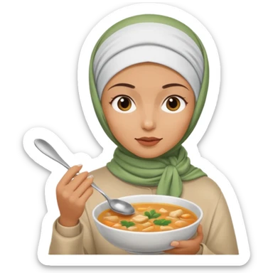 a woman wearing a headscarf is eating while holding a spoon sticker