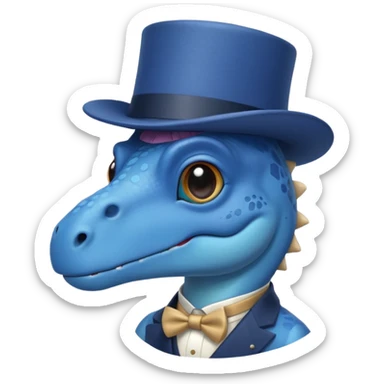 A flat blue dinosaur like 🦕 with monocle and tophat sticker