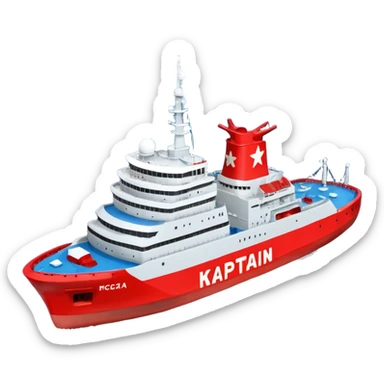 Realistic 3D icon of icebreaker "Kapitan Krutov" (grey hull, red star, white superstructure, "РОСМОРПОРТ" lettering). Soft winter lighting, 3/4 aerial view. Fractured blue ice, white background. High detail, photorealistic GSON style. sticker