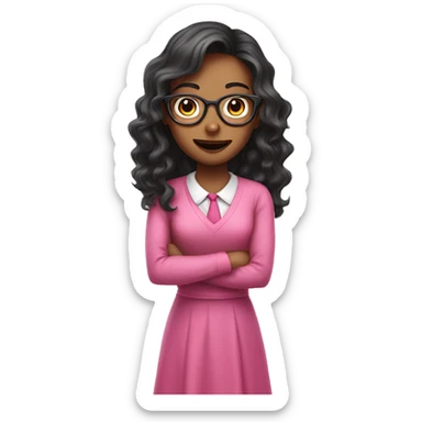 dark wavy long hair nerd girl, wearing a pink dress, pink mouth sticker