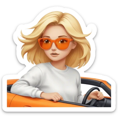 A cinematic realistic blonde in sunglasses, wearing a white sweatshirt, is driving an orange car, her hair is slightly blowing in the wind. sticker