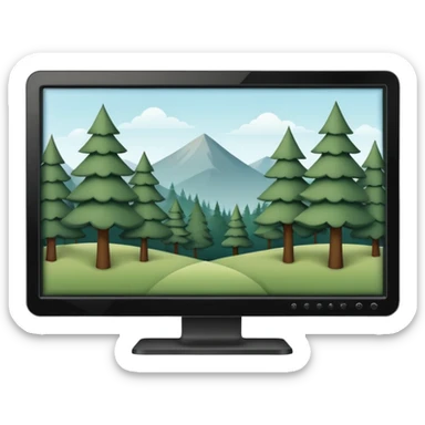 Minimalistic flat vector icon, iOS style, thin black contour on white background. Computer monitor with a simple forest scene on the screen (trees, minimal landscape). Clean, no text, no shadows sticker