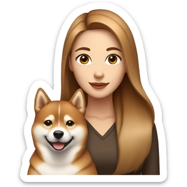 beautiful woman, straight long light brown hair, brown eyes smiling with dog Shiba Inu sticker