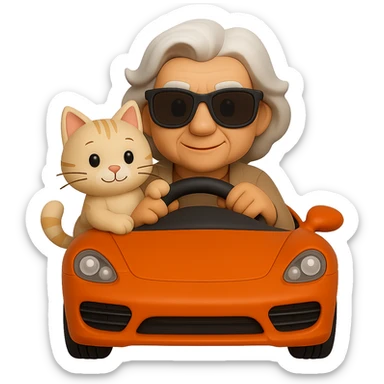 Edit the old lady emoji character in the orange sports car to be holding one cat, in a 3D emoji style that is realistic, wearing sunglasses, with no background. Maintain the orange sports car and overall composition but update the character as described. sticker