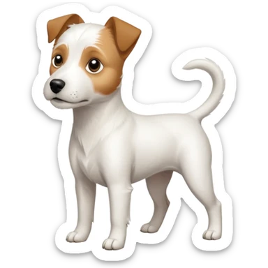 a full body slightly chubby white parson russell terrier looking dog the size of a kelpie with light brown long ears and a light brown patch on one eye and a large snout sticker