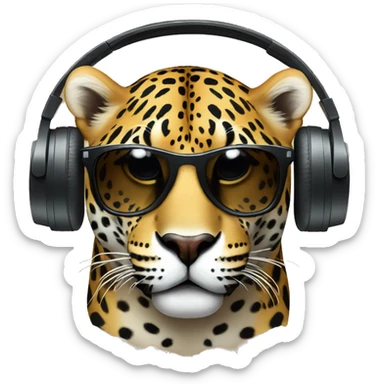 jaguar dj, round emoji face, looking forward, wearing cool sunglasses, wearing over-ear headphones on top of head sticker