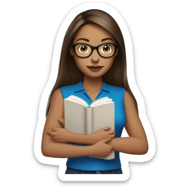blue eyes woman with glasses and medium length brunette straight hair holding a book sticker