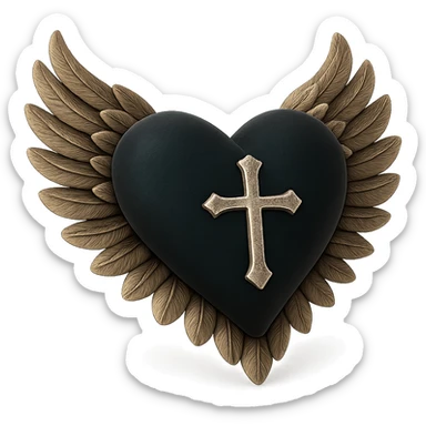 gothic heart in 3D black style, dark emerald velvet, silver cross, feather details, lush and gothic sticker