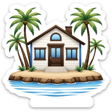 A full square 1 by 1   white and blue stripe house horizontally with brown wooden door on a island with palm trees  sticker