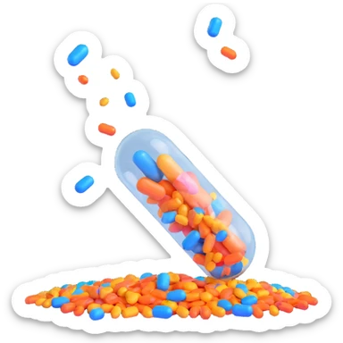 3D-rendered medical capsule split open in the middle with glossy orange and blue colors, colorful shiny multicolored confetti bursting out like a celebration emoji, confetti suspended in mid-air, joyful dynamic explosion, playful high-quality 3D style, floating capsule sticker