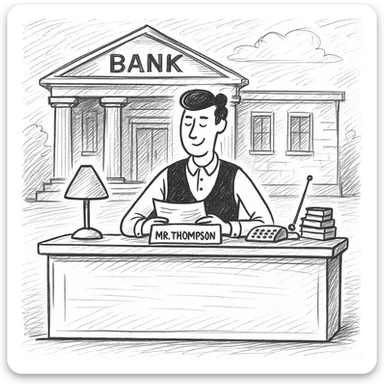Add a bank building background to the bank manager in a doodle style, hand drawn and sketchy with simple lines and shading. sticker