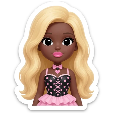 Doll faced shaped, hello kitty necklace, heart shaped cute lips bimbo, black doll eyes, Big lips barbie, dark brown skin with blonde hair, bimbocore outfit light pink and black polkadots sticker