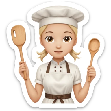 Young female pastry chef - single ponytail, apron, wearing a white hat, holding a rolling pin sticker