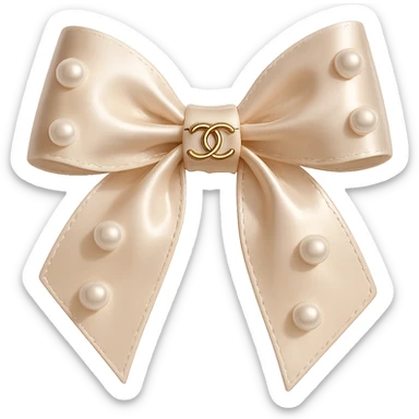 Remove the background, keep only the elegant bow with pearls and gold Chanel logo, glossy, pastel colors, realistic style, with no background. beige sticker