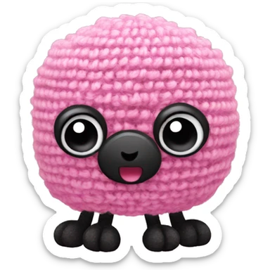 A small pink crocheted creature with a rectangular body, big black eyes, a small black smile, long thin arms and legs, and slightly red cheeks. sticker