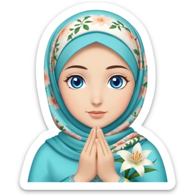 Turkish beautiful finish Konya girl blue eyes with lilies floral hijab dress islamic dress and had on her hand text Eid Mubarak  sticker