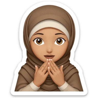 Hijabi girl sitting.     head covered
hands pulling the fabric in
shy-but-dramatic energy
“no cameras pls” but in a cute way
soft + mysterious vibe sticker