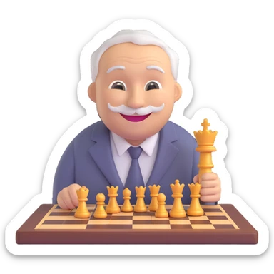 3D smiley emoji, round shape, grandfather with chessboard, gray color, smiling face sticker