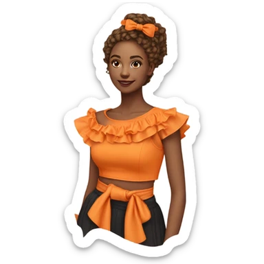 Realistic orange cut out crop top blouse. Ruffles. Isolated. Fancy sash sticker