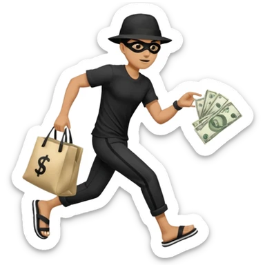 Make a man wear a black pant and he shirt is balck line and white line and wear a black hat and he holding a money bag and he running he wear a black eye thing no money in the Left hand and he yellow and the money bag in the right he wear a flip flop like this is Money bag 💰 NO MONEY sticker
