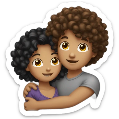 Brown curly hair girl and black hair boy hug sticker