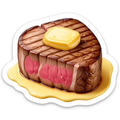 Cinematic thick-cut steak, perfectly seared with grill marks, a juicy pink center, butter melting on top, rich and savory, warm glow, sizzling and mouthwatering, highly detailed and appetizing. sticker