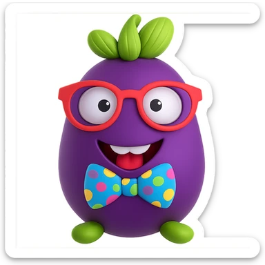 Add a colorful bow tie to the eggplant with nerdy glasses and goofy teeth, keep the background transparent. Maintain the original style and transparent background. sticker