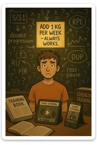 Giovane neofita in palestra, con uno sguardo perso davanti a una lavagna piena di metodi di progressione (5/3/1, RIR, RPE, double progression, DUP, rest-pause). È circondato da libri di allenamento e video tutorial su tablet e smartphone. Dietro di lui, un cartello piccolo ma chiaro: 'Aggiungi 1 kg a settimana – funziona sempre'. Atmosfera caotica intorno, ma luce calda sul messaggio semplice sticker