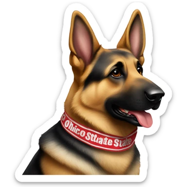 German Shepherd wearing an Ohio state bandana sticker