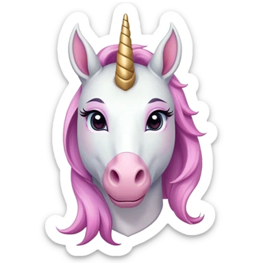 anthropomorphised female unicorn ballerina, horse-like unicorn face with muzzle, mane, ears, prominent horn, head and shoulders, relaxed pose sticker