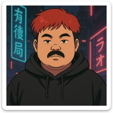 Asian man with a round face, black mustache, red hair, black hoodie, 90s Japanese anime style, soft shading, cyberpunk vibe sticker