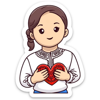 beautiful young girl in a white Ukrainian embroidered shirt clutching a large embroidered heart sticker