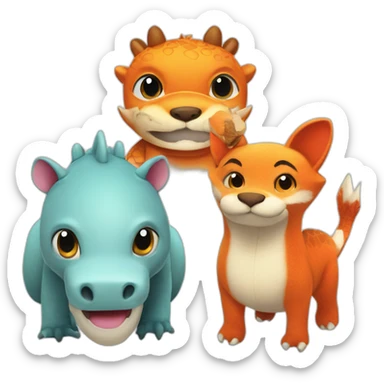 three dolls in a picture, white peluche dragon,hippopotamus, fox sticker