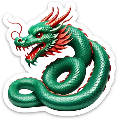 Cinematic Noble Chinese Serpent Dragon Portrait Emoji, Poised and majestic, with a sinuous, serpentine body adorned in intricately detailed scales of shimmering jade and soft vermilion, accented by delicate cloud motifs and subtle water ripple patterns; rendered with lifelike texture and gentle natural highlights, high shine, wise and enigmatic, styled with an aura of ancient dynastic grace, focused and regal, soft glowing outline, capturing the essence of a revered celestial dragon that appears ready to glide gracefully through the mists of time! sticker