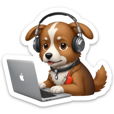 A dog with headphones on  a laptop sticker