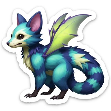 Realistic Sharp mossy elemental detailed Colorful translucent luminescent glowing Trico-Noibat-batty-Sergal-Furret-Ferret-Wolverine-Vernid-furry-fursona-fusion-Fakemon-animal-hybrid-creature, full body sticker