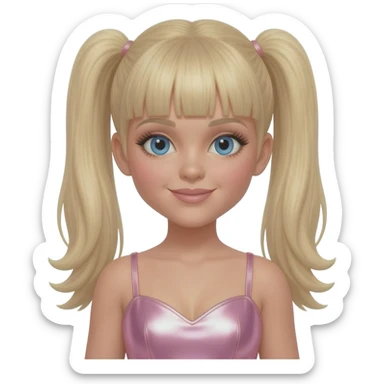 Baby Spice from Spice Girls with blue eyes, long blonde two ponytail hair with bang, light pink metallic sweetheart dress sticker