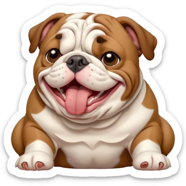 Cinematic Cute Yawning Brown and White English Bulldog Portrait Emoji, Head tilted slightly with a dramatic, wide-open yawn, showcasing a smooth brown and white coat with a defined pattern, floppy ears slightly drooping, round brown eyes barely open in drowsy contentment, Simplified yet irresistibly adorable features, highly detailed, glowing with a soft, cozy glow, high shine, relaxed yet expressive, stylized with a touch of whimsy, bright and endearing, soft glowing outline, capturing the essence of a sleepy yet affectionate guardian, so drowsy it feels like it could stretch out of the screen and curl up for a nap! sticker