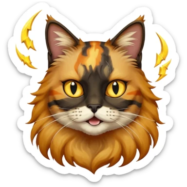 long hair tortoiseshell cat with a black face, white beard and yellow lightning mark above left eye sticker
