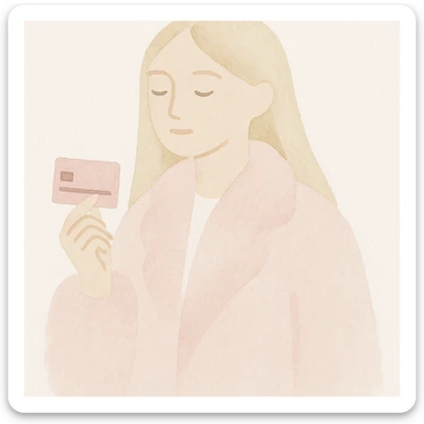blonde girl with long hair, pink fur coat, holding a pink credit card, watercolor art style sticker