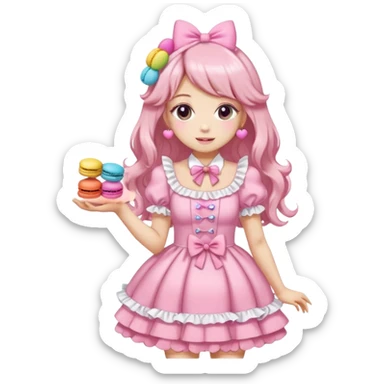 a cute character in a frilly pink hime gyaru dress holding a colorful macaron, emoji style sticker